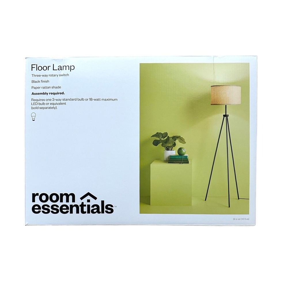 Room Essentials Tripod Floor Lamp Black Rattan Shade 58" NIB Modern Boho Decor